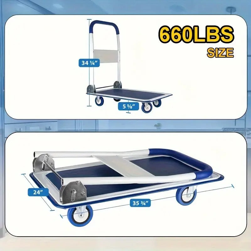 Home Relaxation| Heavy-Duty 660 lbs Capacity Foldable Trolley | Space-Saving Aluminum Moving Platform with Swivel Push Handle, Blue/Yellow | Durable & Portable for Easy Storage