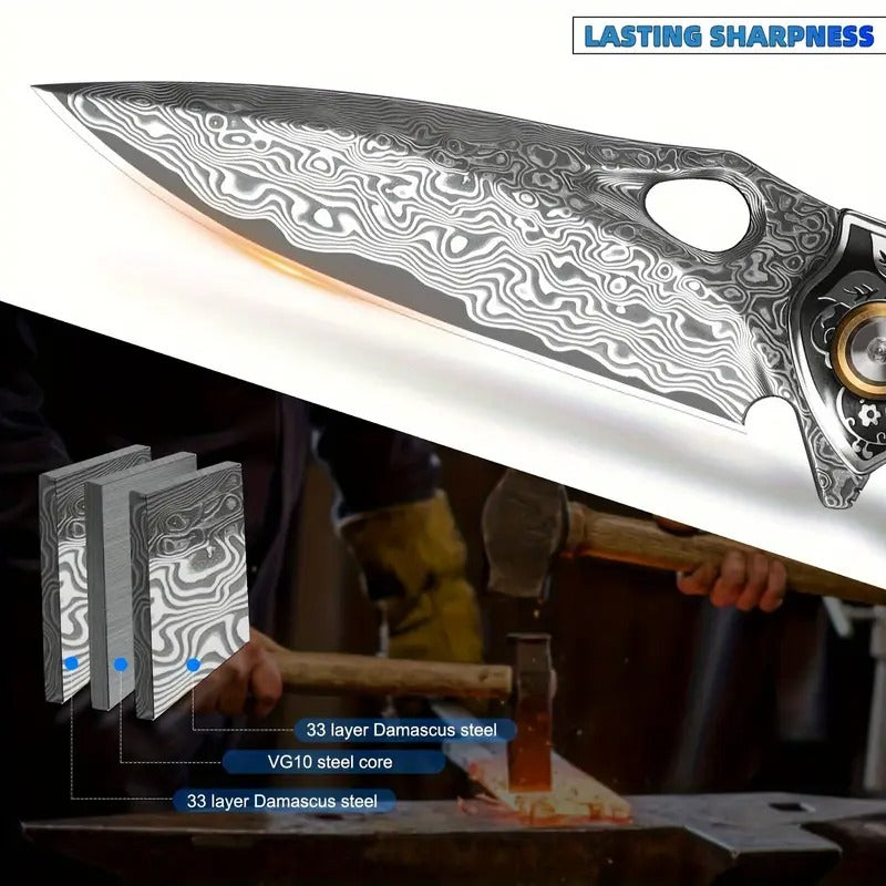 [Handmade Damascus Steel Knife] Handmade Damascus Steel Folding Knife | Maple Wood Cover, Colorful Shell Handle, Intricate Carvings, Secure Locking Mechanism - Suitable for Camping, Hiking, Fishing - Unisex Outdoor EDC,