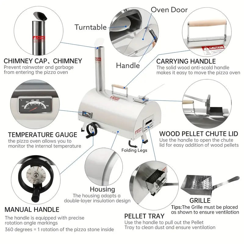 [Silvery Pizza Oven] Portable 12" Silvery Semi-Circle Wood Pellet Pizza Oven | Manual Handle Rotation, Semi-Automatic Design, Built-in Thermometer, 360-Degree Even Heating, Sleek Design For Perfect Christmas Gift