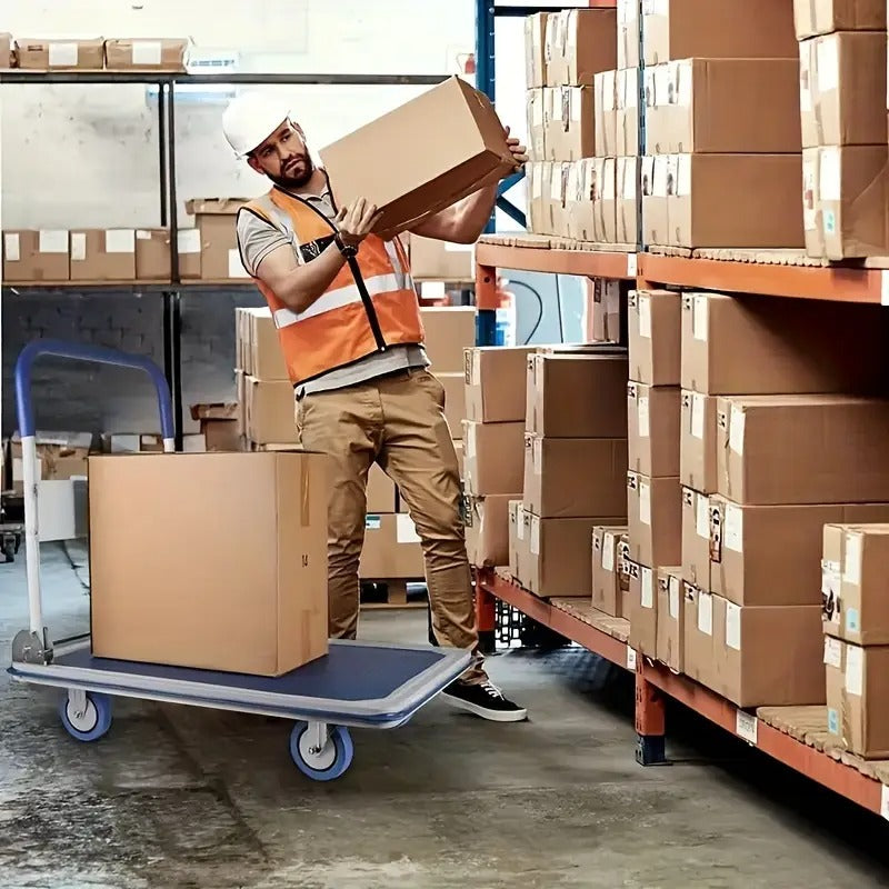 Home Relaxation| Heavy-Duty 660 lbs Capacity Foldable Trolley | Space-Saving Aluminum Moving Platform with Swivel Push Handle, Blue/Yellow | Durable & Portable for Easy Storage