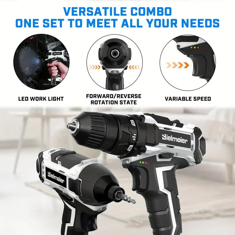 [20V Drill Driver Combo] Bielmeier 20V 2 Speed 3/8" Drill & 1/4" Impact Driver Combo Kit, Lightweight, 3200RPM Driving Speed, 1500RPM DRILLING Speed, With 33pcs Drive Bits And Sockets, Accessories Box, Tool Bag