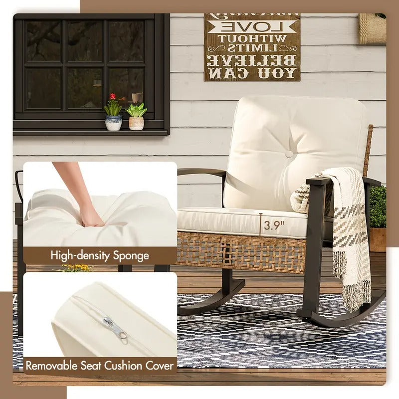 3pcs Outdoor Wicker Rocking Bistro Set, Patio Furniture with Coffee Table & Thick Cushions, 2 Rattan Rocking Chairs for Porch, Garden, Balcony, Backyard, Beige