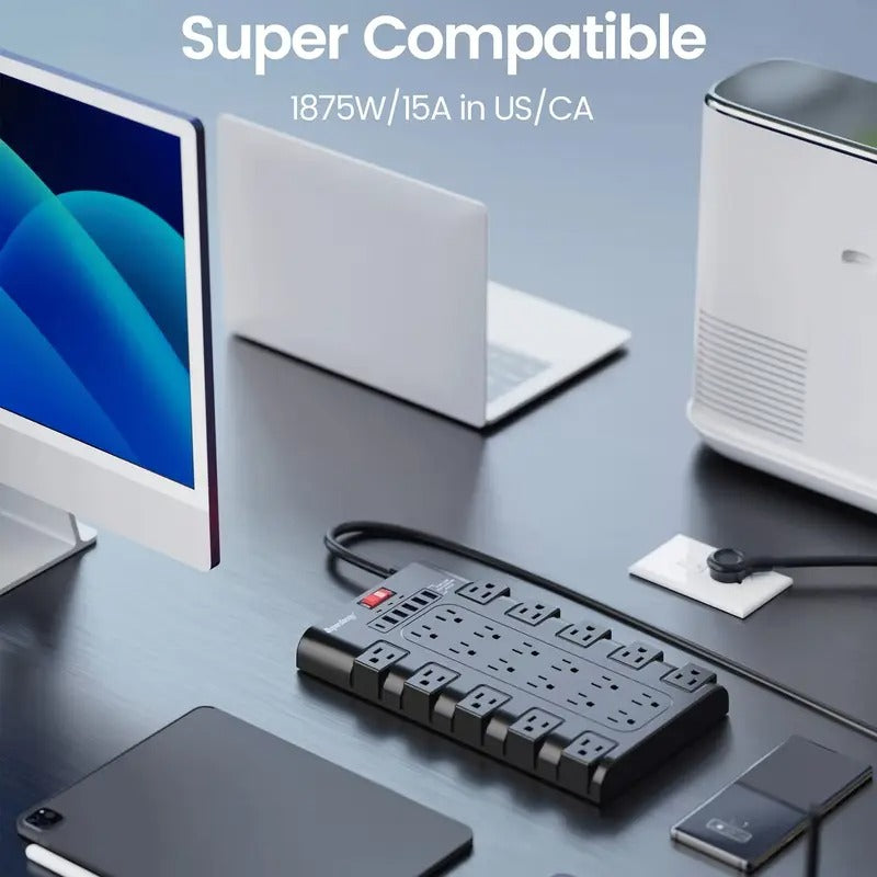 SUPERDANNY 22 AC Outlets & 6 USB Ports Power Strip Surge Protector - Flat Plug, Heavy Duty Extension Cord, Compact Design for Home Office (11.65" W x 6.3" H x 29.67" L), Home Office Power Solution | Compact Power Strip | Efficient Space Usage, SUPERDANNY