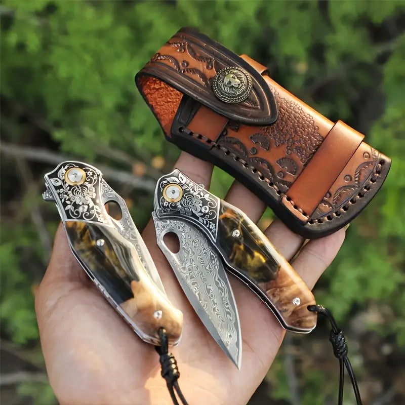 [Handmade Damascus Steel Knife] Handmade Damascus Steel Folding Knife | Maple Wood Cover, Colorful Shell Handle, Intricate Carvings, Secure Locking Mechanism - Suitable for Camping, Hiking, Fishing - Unisex Outdoor EDC,