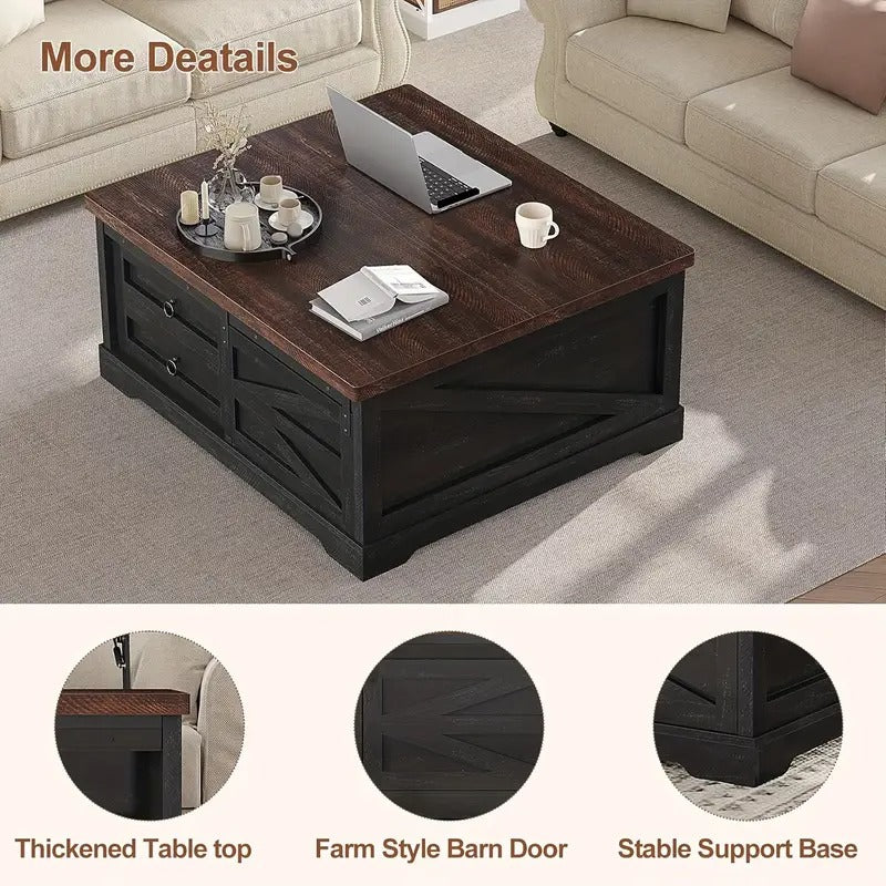 39.4" Lift Coffee Table with Storage, Sliding Barn Door and Adjustable Shelf, Farmhouse Square Center Table with Large Hidden Compartment and 2 Drawers, Suitable for Living Room, Black