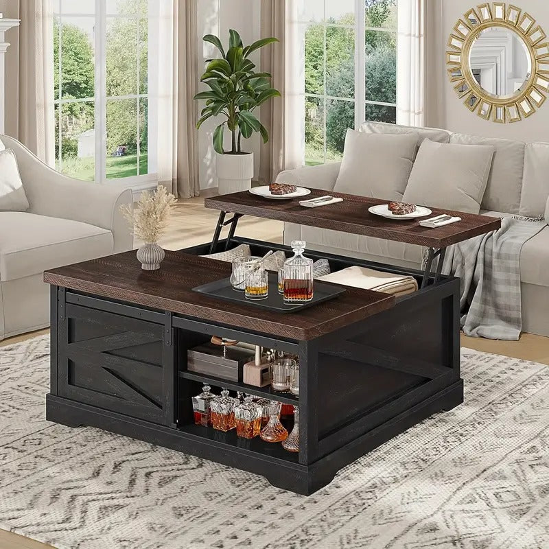 39.4" Lift Coffee Table with Storage, Sliding Barn Door and Adjustable Shelf, Farmhouse Square Center Table with Large Hidden Compartment and 2 Drawers, Suitable for Living Room, Black