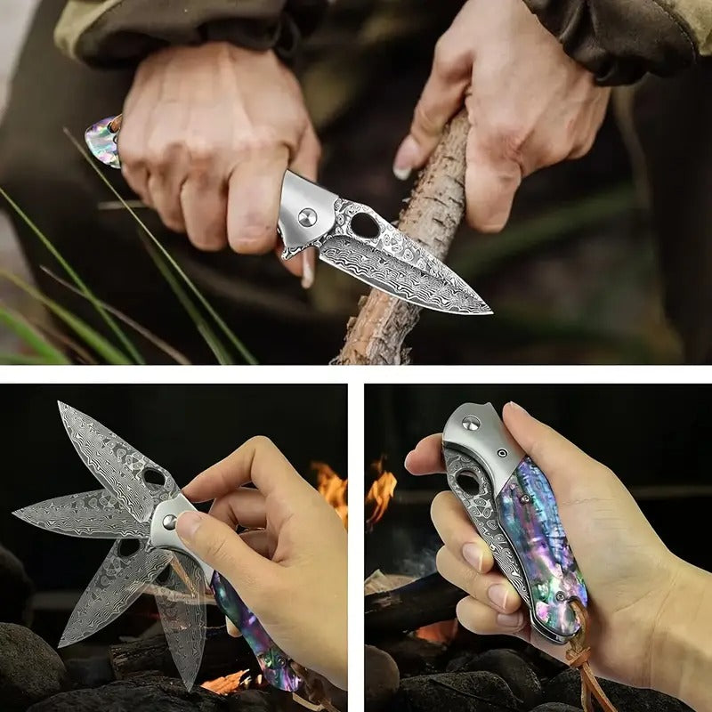[Handmade Damascus Steel Knife] Handmade Damascus Steel Folding Knife | Maple Wood Cover, Colorful Shell Handle, Intricate Carvings, Secure Locking Mechanism - Suitable for Camping, Hiking, Fishing - Unisex Outdoor EDC,