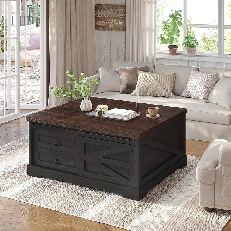 39.4" Lift Coffee Table with Storage, Sliding Barn Door and Adjustable Shelf, Farmhouse Square Center Table with Large Hidden Compartment and 2 Drawers, Suitable for Living Room, Black