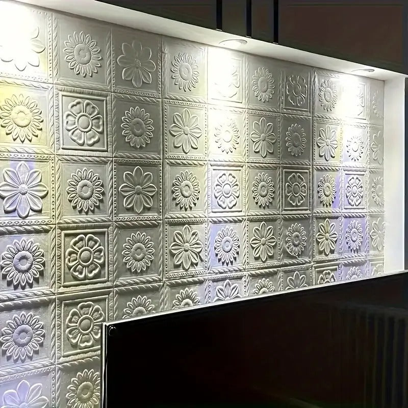 50pcs 3D White Flower Wall Stickers Self-Adhesive Waterproof & Removable Contemporary Floral Square Decals for Walls, Living Room, Kitchen, Bedroom Home Decor, Kitchen Wallpaper