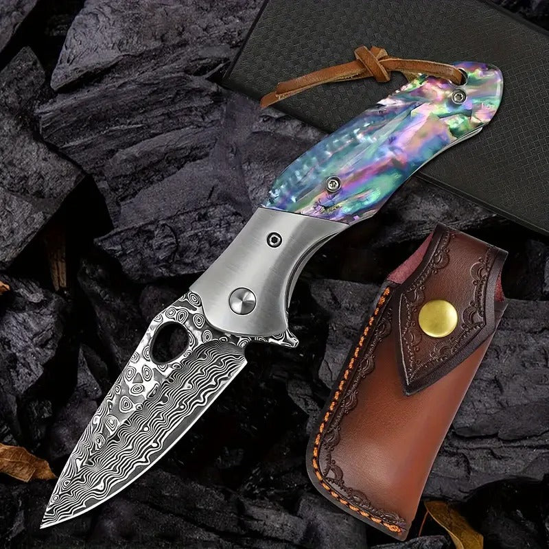 [Handmade Damascus Steel Knife] Handmade Damascus Steel Folding Knife | Maple Wood Cover, Colorful Shell Handle, Intricate Carvings, Secure Locking Mechanism - Suitable for Camping, Hiking, Fishing - Unisex Outdoor EDC,