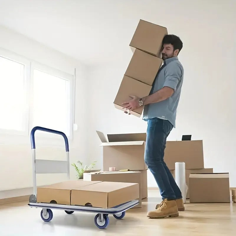 Home Relaxation| Heavy-Duty 660 lbs Capacity Foldable Trolley | Space-Saving Aluminum Moving Platform with Swivel Push Handle, Blue/Yellow | Durable & Portable for Easy Storage