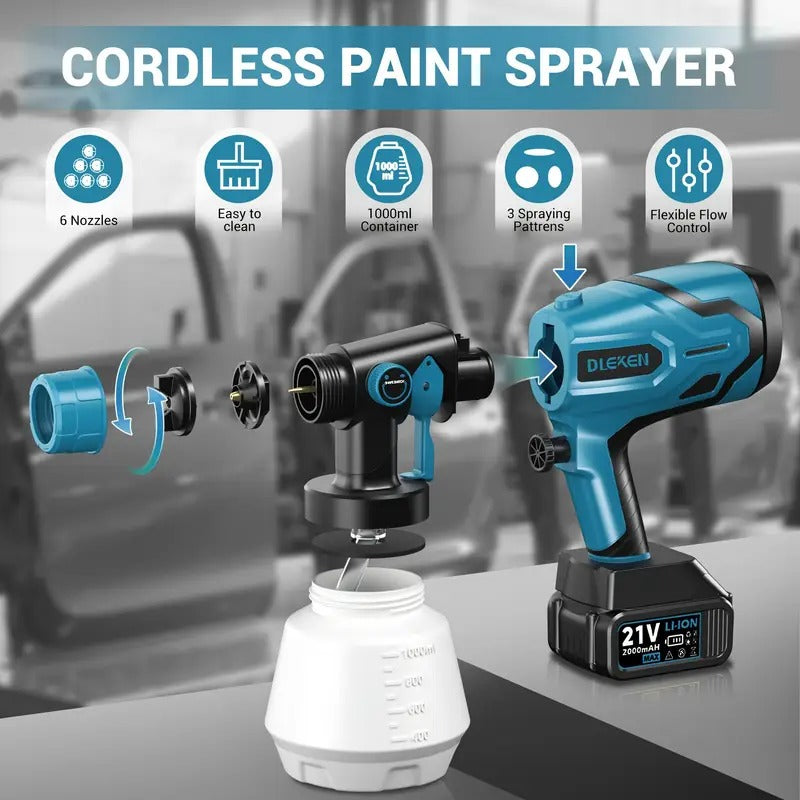Cordless Paint Sprayer with 2000mAh Battery, 33.81oz HVLP Spray Gun with Cleaning & Blowing Joints, 6 Nozzles and 3 Patterns, Easy to Clean, for House Painting, Furniture, Cabinets, Fence, Walls, Doors Home Car Repair DIY