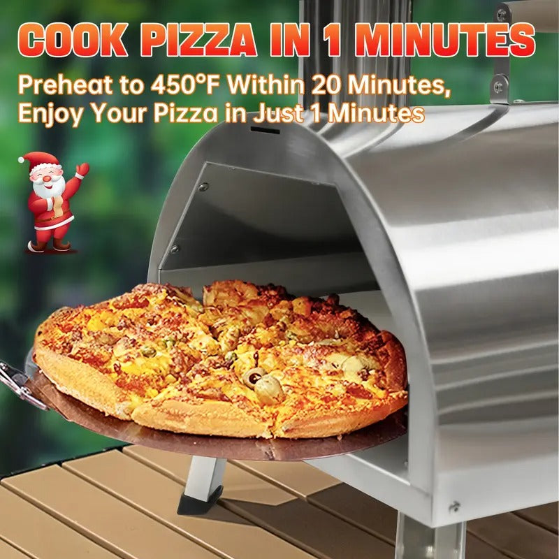 [Silvery Pizza Oven] Portable 12" Silvery Semi-Circle Wood Pellet Pizza Oven | Manual Handle Rotation, Semi-Automatic Design, Built-in Thermometer, 360-Degree Even Heating, Sleek Design For Perfect Christmas Gift