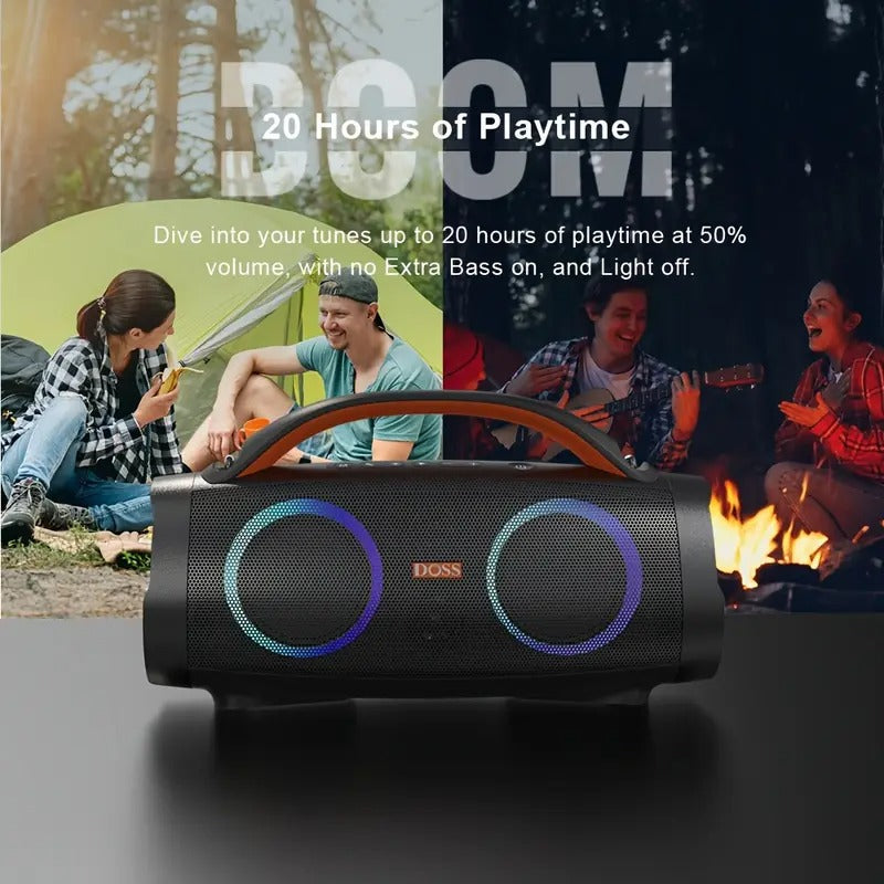 DOSS 100W Outdoor Speaker Bluetooth 5.3 with Stereo Sound, Rich Bass, 20 Hours Playtime, 10400mAh Power Bank, Mixed Color Party Light, High Quality Portable Speaker for Camping, Beach