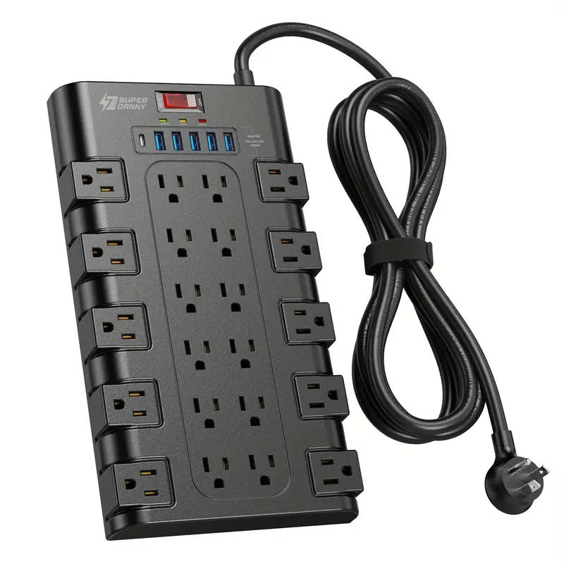 SUPERDANNY 22 AC Outlets & 6 USB Ports Power Strip Surge Protector - Flat Plug, Heavy Duty Extension Cord, Compact Design for Home Office (11.65" W x 6.3" H x 29.67" L), Home Office Power Solution | Compact Power Strip | Efficient Space Usage, SUPERDANNY