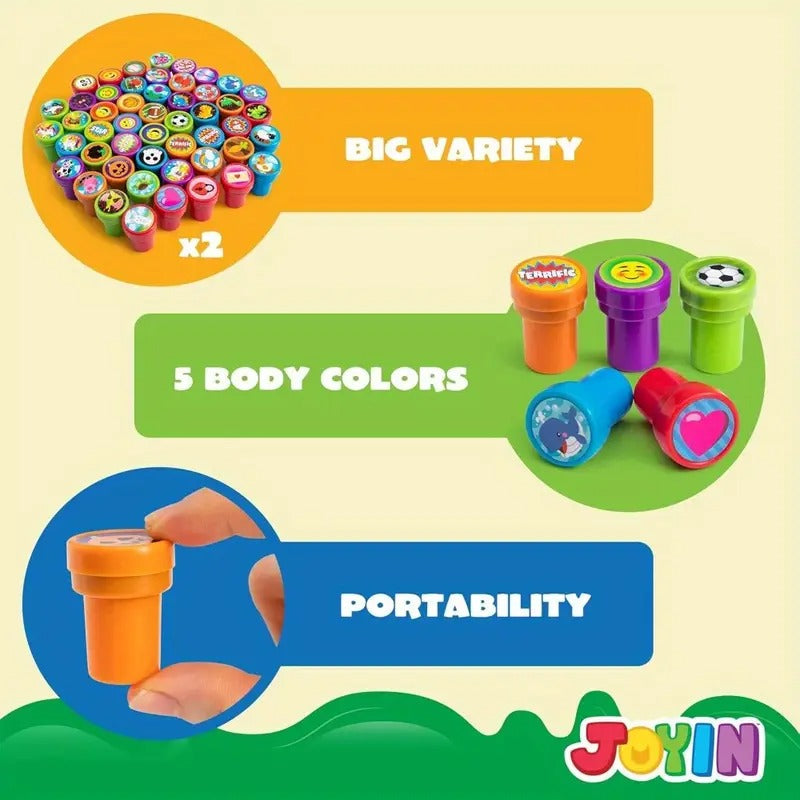 SYNCFUN 100pcs Assorted Stamps for Kids Self-Ink Stamps (50 Different Designs, Dinosaur, Zoo Safari Stampers) for Party Favor,