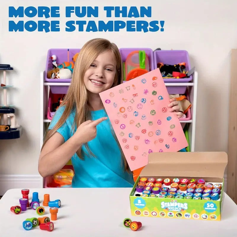 SYNCFUN 100pcs Assorted Stamps for Kids Self-Ink Stamps (50 Different Designs, Dinosaur, Zoo Safari Stampers) for Party Favor,