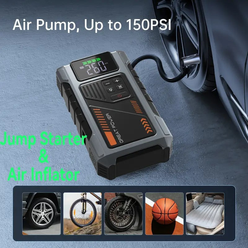 5000A Car Jump Starter with Air Compressor, Battery Jump Starter Portable5000A Peak 150PSl Digital Tire Inflator, Car Battery Charger Portable for 12V (9.0LGas/1.98gal Diesel) USB Input/output,