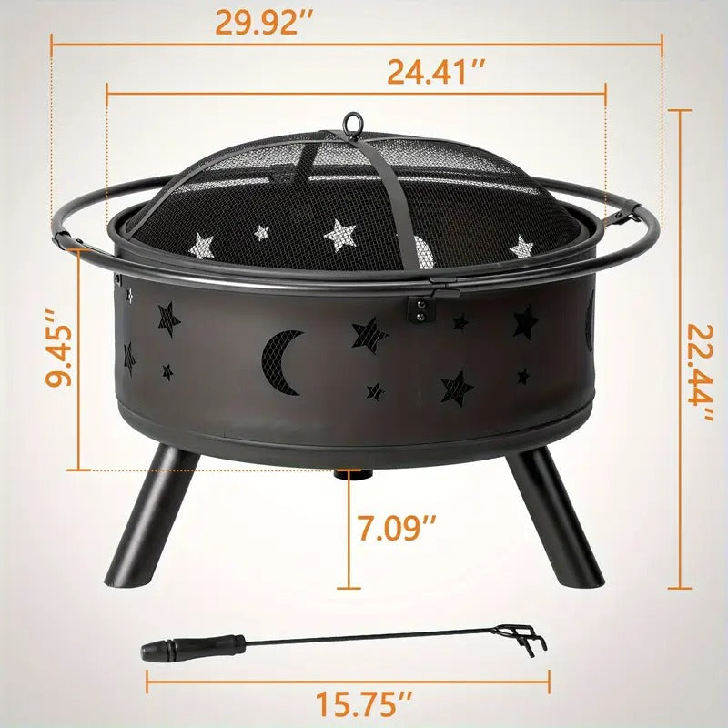 LEADZM 30in Round Wood Burning Fire Pit with Carrying Ring & Mesh Lid - Black Alloy Steel Outdoor Fire Pit with Star & Moon Cut-Out Design, Ventilation Bottom & 3 Legs for Backyard, Patio, Garden