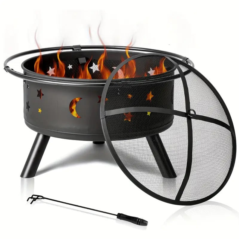 LEADZM 30in Round Wood Burning Fire Pit with Carrying Ring & Mesh Lid - Black Alloy Steel Outdoor Fire Pit with Star & Moon Cut-Out Design, Ventilation Bottom & 3 Legs for Backyard, Patio, Garden