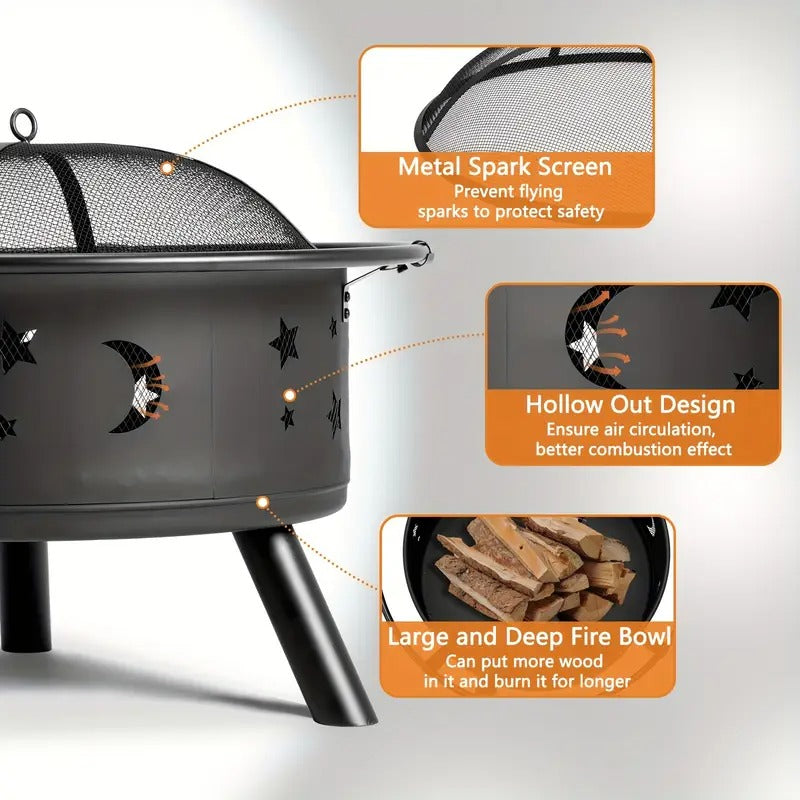 LEADZM 30in Round Wood Burning Fire Pit with Carrying Ring & Mesh Lid - Black Alloy Steel Outdoor Fire Pit with Star & Moon Cut-Out Design, Ventilation Bottom & 3 Legs for Backyard, Patio, Garden