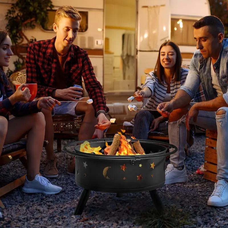 LEADZM 30in Round Wood Burning Fire Pit with Carrying Ring & Mesh Lid - Black Alloy Steel Outdoor Fire Pit with Star & Moon Cut-Out Design, Ventilation Bottom & 3 Legs for Backyard, Patio, Garden