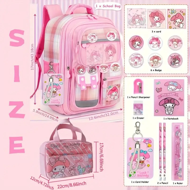 Sanrio Melody Pink Backpack Set Includes * 1 Backpack, * 6 Badges, * 3 Cards, * 1 Card Holder, * 1 Lunch Bag, * 1 Student Backpack, Back to School Backpack, Travel Backpack, Suitable for Teenagers