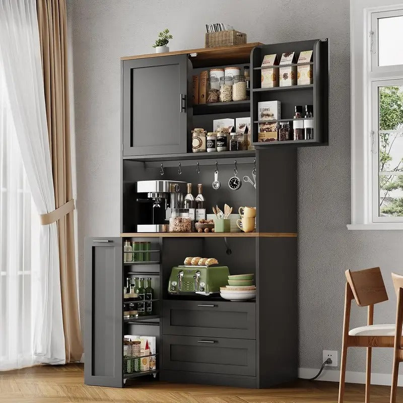 Farmhouse Kitchen Pantry Cabinet with Microwave Stand, 3-Tier Storage Cart & Drawers - All-in-One Tall Kitchen Organizer with Door/Shelf Storage, Space-Saving Design for Small Kitchens