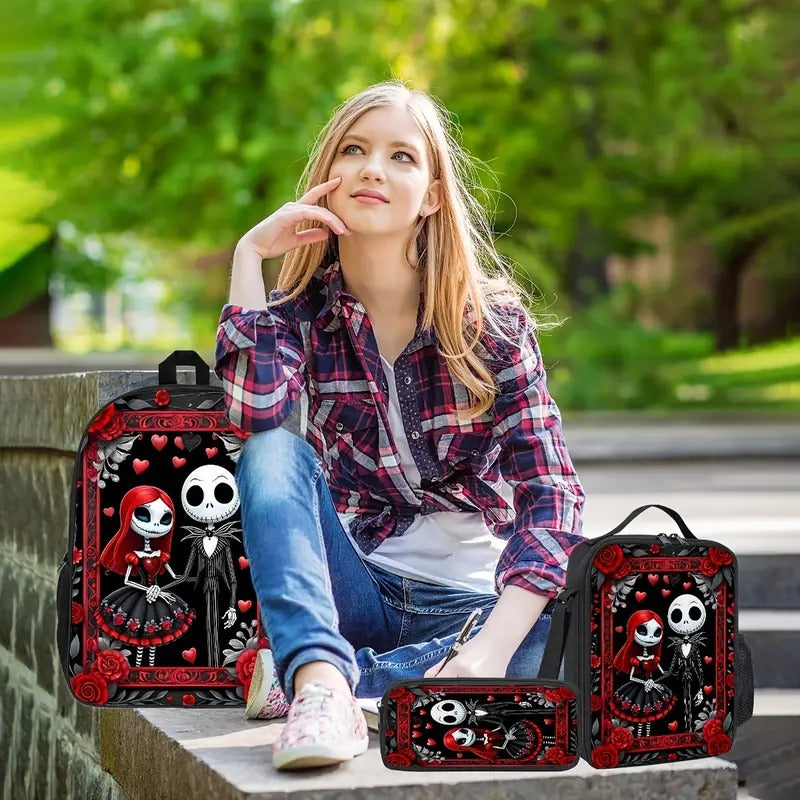 Jack Skellington & Sally Gothic Backpack Set, 3pcs with Lunch Bag and Pencil Pouch, Polyester, Zipper Closure, Cartoon Theme, Hand Wash Only, for Men Women Fans, Office Travel Camping, Halloween Gift