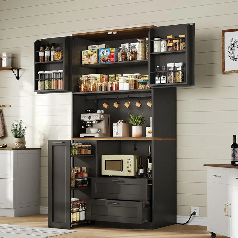 Farmhouse Kitchen Pantry Cabinet with Microwave Stand, 3-Tier Storage Cart & Drawers - All-in-One Tall Kitchen Organizer with Door/Shelf Storage, Space-Saving Design for Small Kitchens