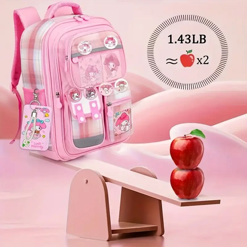 Sanrio Melody Pink Backpack Set Includes * 1 Backpack, * 6 Badges, * 3 Cards, * 1 Card Holder, * 1 Lunch Bag, * 1 Student Backpack, Back to School Backpack, Travel Backpack, Suitable for Teenagers