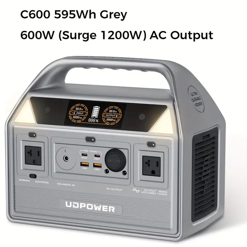 [Lithium Battery] UDPOWER C600 12V, 46.5Ah, 595Wh LiFePO4 Lithium Battery | With AC Outlet Up To 1200W, Solar Battery For Outdoor/Camping/Travel/RV/Home Backup/CPAP(Grey)