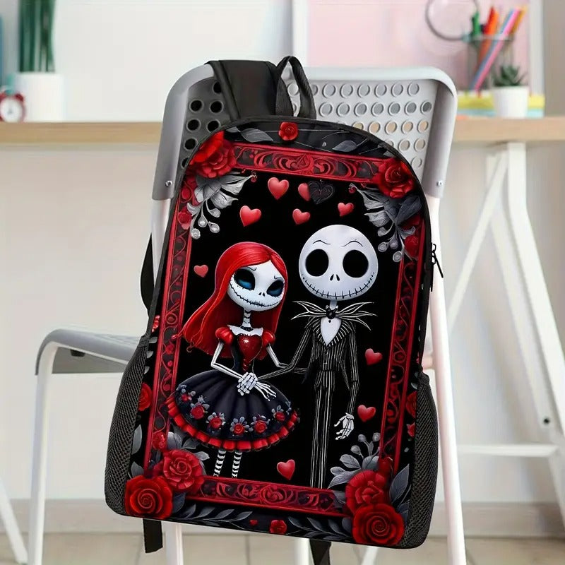 Jack Skellington & Sally Gothic Backpack Set, 3pcs with Lunch Bag and Pencil Pouch, Polyester, Zipper Closure, Cartoon Theme, Hand Wash Only, for Men Women Fans, Office Travel Camping, Halloween Gift