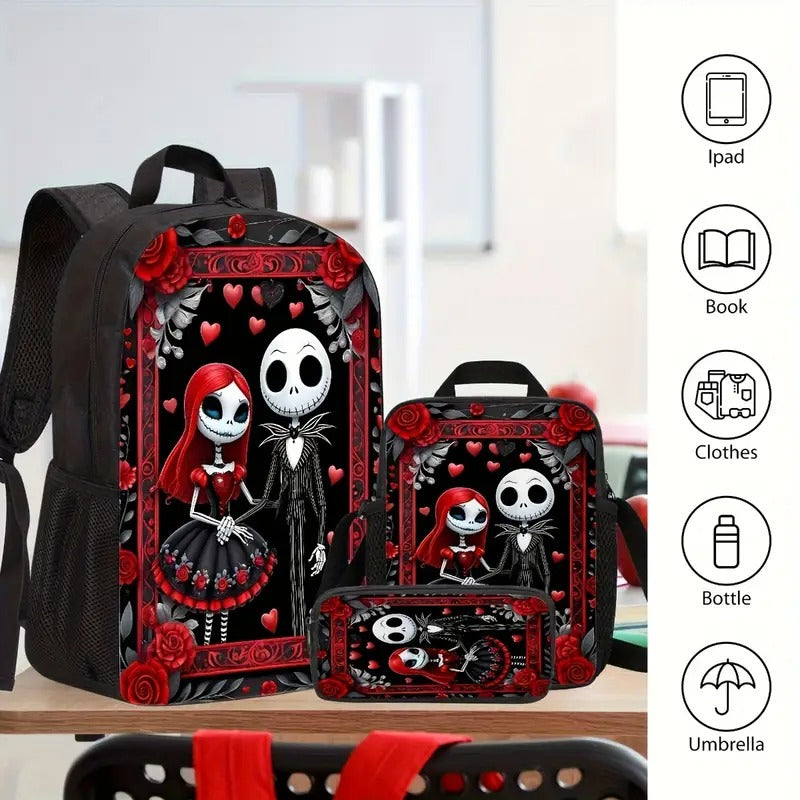 Jack Skellington & Sally Gothic Backpack Set, 3pcs with Lunch Bag and Pencil Pouch, Polyester, Zipper Closure, Cartoon Theme, Hand Wash Only, for Men Women Fans, Office Travel Camping, Halloween Gift