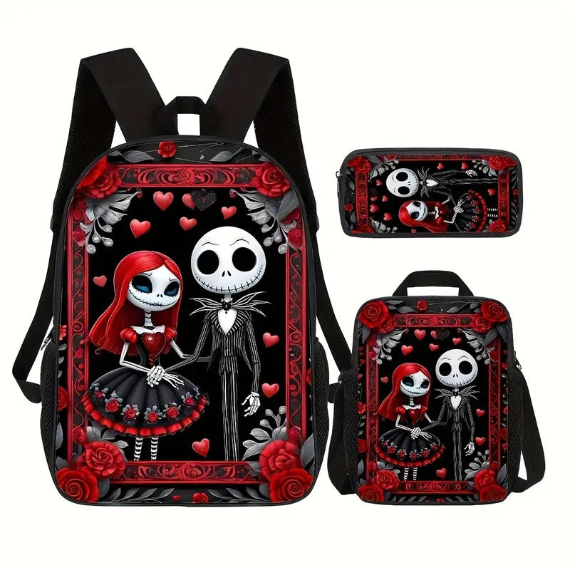 Jack Skellington & Sally Gothic Backpack Set, 3pcs with Lunch Bag and Pencil Pouch, Polyester, Zipper Closure, Cartoon Theme, Hand Wash Only, for Men Women Fans, Office Travel Camping, Halloween Gift
