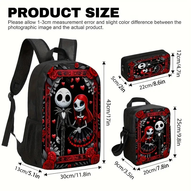 Jack Skellington & Sally Gothic Backpack Set, 3pcs with Lunch Bag and Pencil Pouch, Polyester, Zipper Closure, Cartoon Theme, Hand Wash Only, for Men Women Fans, Office Travel Camping, Halloween Gift