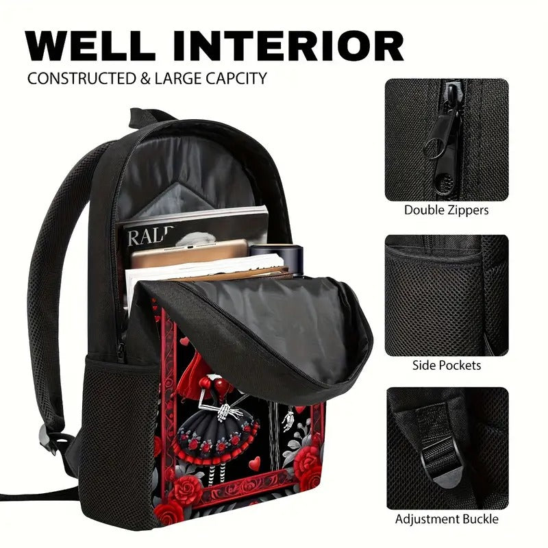 Jack Skellington & Sally Gothic Backpack Set, 3pcs with Lunch Bag and Pencil Pouch, Polyester, Zipper Closure, Cartoon Theme, Hand Wash Only, for Men Women Fans, Office Travel Camping, Halloween Gift