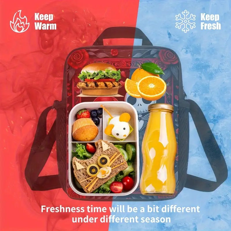 Jack Skellington & Sally Gothic Backpack Set, 3pcs with Lunch Bag and Pencil Pouch, Polyester, Zipper Closure, Cartoon Theme, Hand Wash Only, for Men Women Fans, Office Travel Camping, Halloween Gift