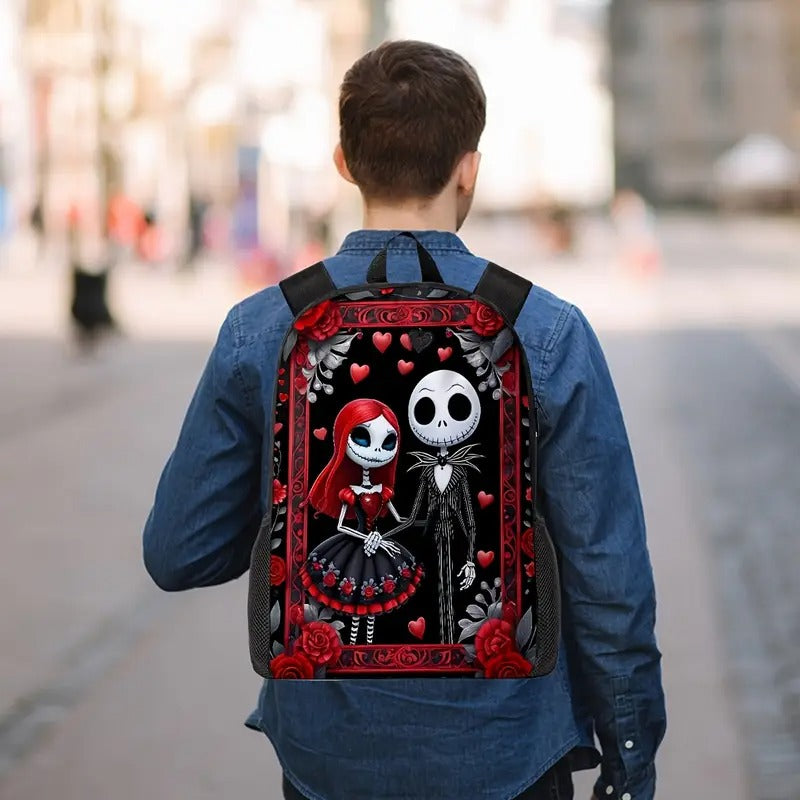 Jack Skellington & Sally Gothic Backpack Set, 3pcs with Lunch Bag and Pencil Pouch, Polyester, Zipper Closure, Cartoon Theme, Hand Wash Only, for Men Women Fans, Office Travel Camping, Halloween Gift