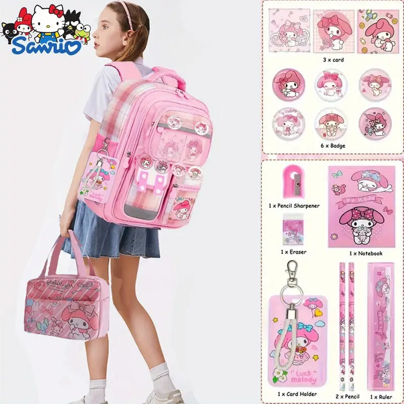 Sanrio Melody Pink Backpack Set Includes * 1 Backpack, * 6 Badges, * 3 Cards, * 1 Card Holder, * 1 Lunch Bag, * 1 Student Backpack, Back to School Backpack, Travel Backpack, Suitable for Teenagers