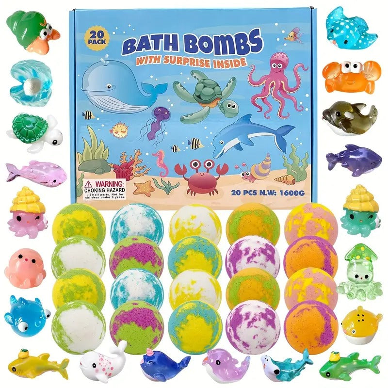 20pcs Ocean-Themed Bath Bombs with Surprise Toys Inside – Natural, Fizzy & Foaming for Sensitive Skin, Chamomile Scented, Sea Animal Shapes (Whale, Turtle, Octopus), Perfect for Kids’ Bath