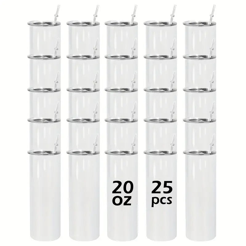 25pcs 20oz Sublimation White Straight Skinny Tumbler With Lid And Straw Stainless Steel Double Wall Vacuum Insulated Coffee Cups For Cold & Hot Drinks