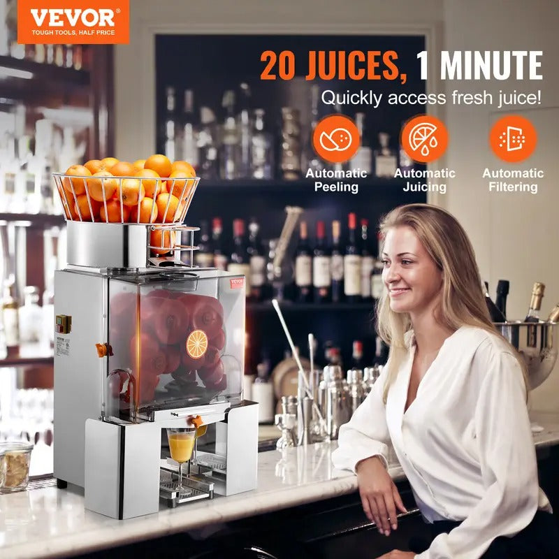 VEVOR Commercial Juicer Machine, 110V Automatic Feeding Juice Extractor, 120W Orange Squeezer for 20-30 per Minute, with Pull-Out Filter Box SUS 304 Tank PP Cover and Two Peel Collecting Buckets