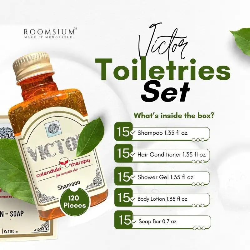 Roomsium Victor 75-Piece Guest Toiletries Set – 15 Individually Boxed Amenity Kits with Travel-Size Shampoo, Conditioner, Shower Gel, Body Lotion & Soap Bar – Goji Berry & Calendula