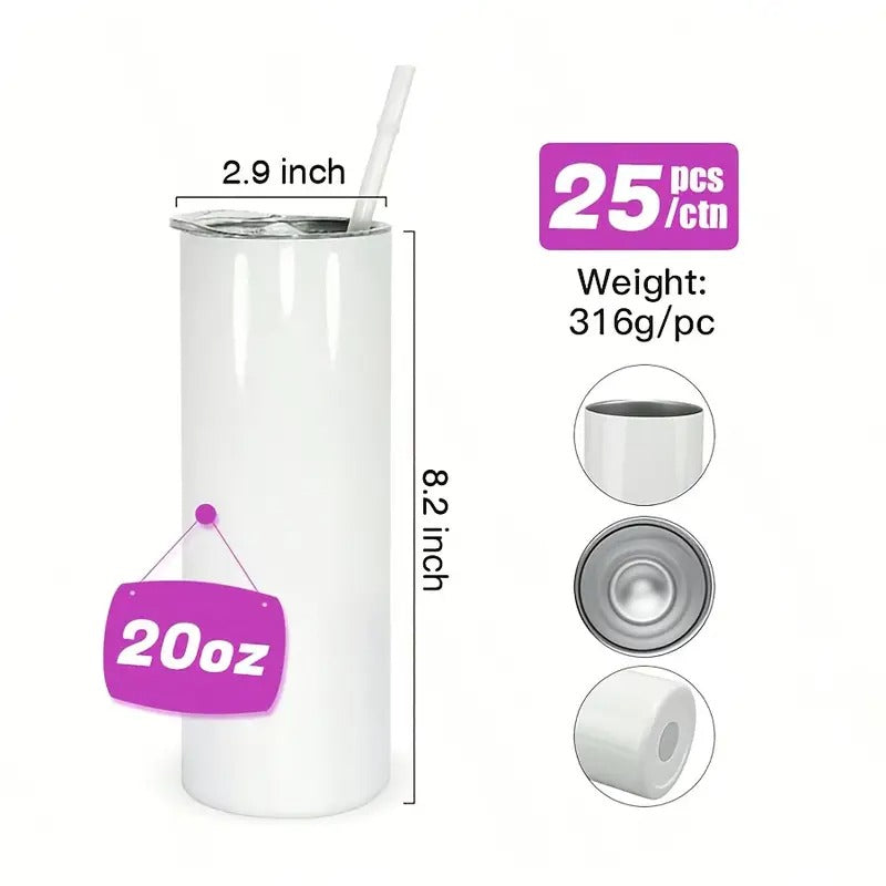 25pcs 20oz Sublimation White Straight Skinny Tumbler With Lid And Straw Stainless Steel Double Wall Vacuum Insulated Coffee Cups For Cold & Hot Drinks