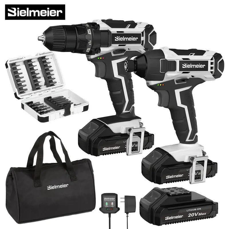 [20V Drill Driver Combo] Bielmeier 20V 2 Speed 3/8" Drill & 1/4" Impact Driver Combo Kit, Lightweight, 3200RPM Driving Speed, 1500RPM DRILLING Speed, With 33pcs Drive Bits And Sockets, Accessories Box, Tool Bag