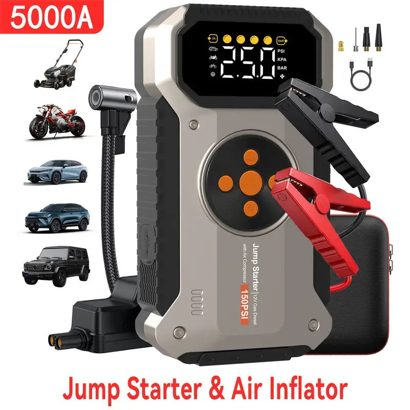 5000A Car Jump Starter with Air Compressor, Battery Jump Starter Portable5000A Peak 150PSl Digital Tire Inflator, Car Battery Charger Portable for 12V (9.0LGas/1.98gal Diesel) USB Input/output,