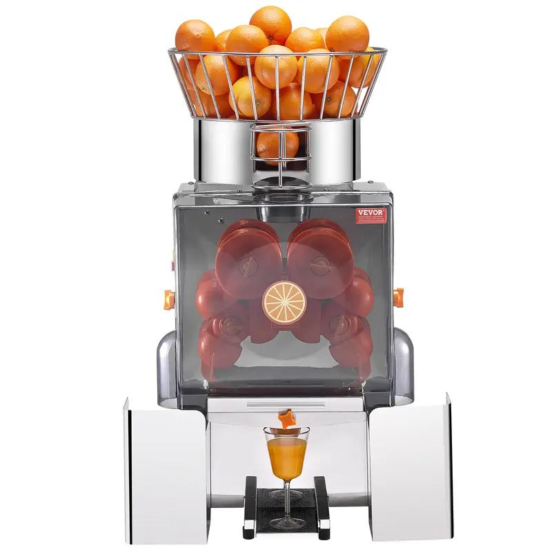 VEVOR Commercial Juicer Machine, 110V Automatic Feeding Juice Extractor, 120W Orange Squeezer for 20-30 per Minute, with Pull-Out Filter Box SUS 304 Tank PP Cover and Two Peel Collecting Buckets