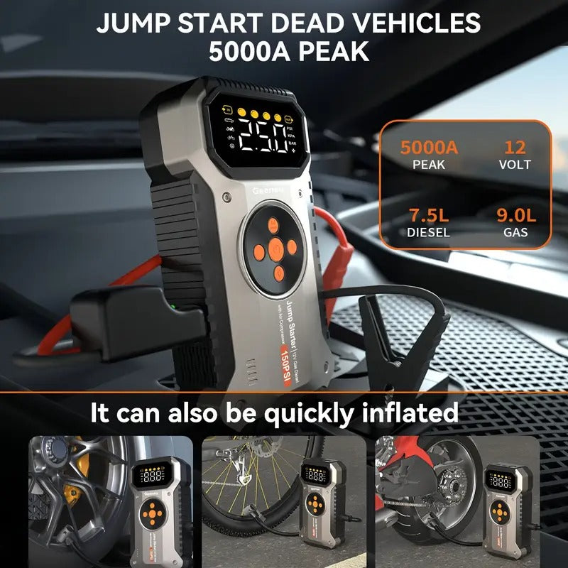 5000A Car Jump Starter with Air Compressor, Battery Jump Starter Portable5000A Peak 150PSl Digital Tire Inflator, Car Battery Charger Portable for 12V (9.0LGas/1.98gal Diesel) USB Input/output,
