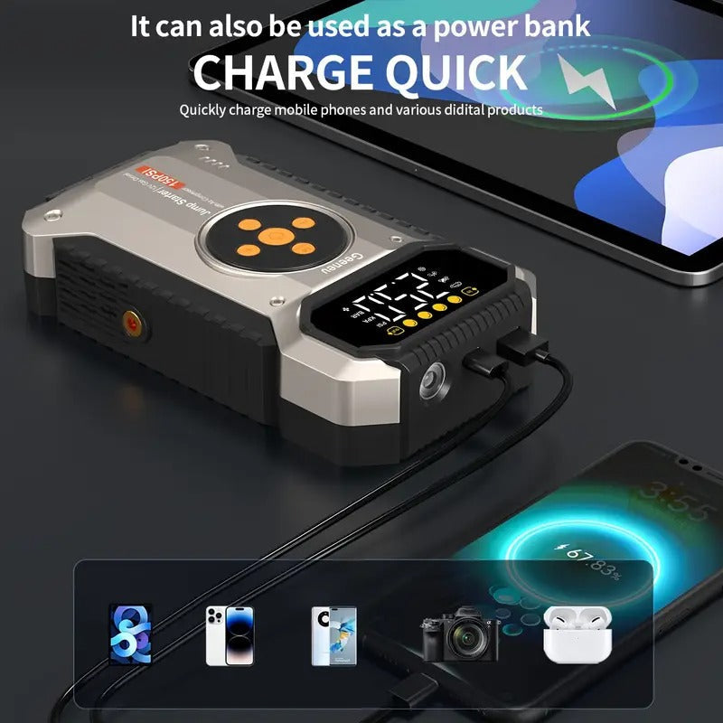 5000A Car Jump Starter with Air Compressor, Battery Jump Starter Portable5000A Peak 150PSl Digital Tire Inflator, Car Battery Charger Portable for 12V (9.0LGas/1.98gal Diesel) USB Input/output,